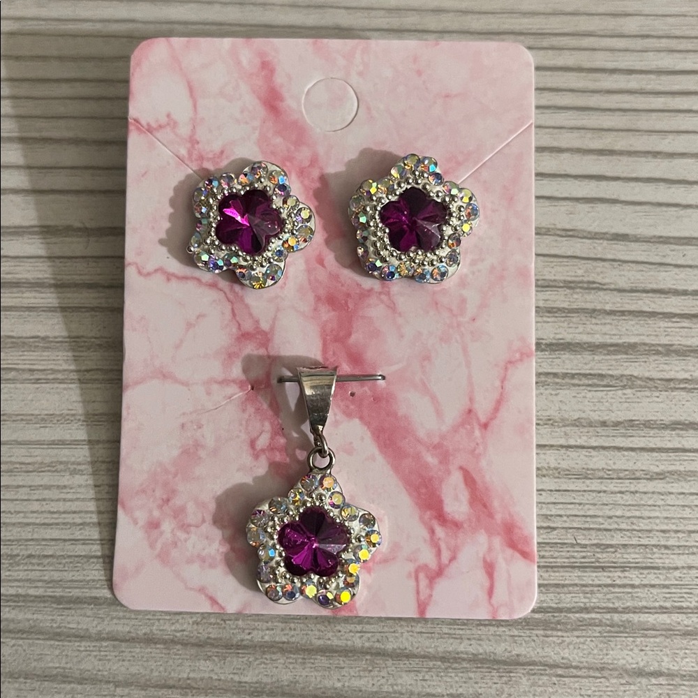 Sterling Silver Pink Crystal Flower Necklace‎ and Earring Set